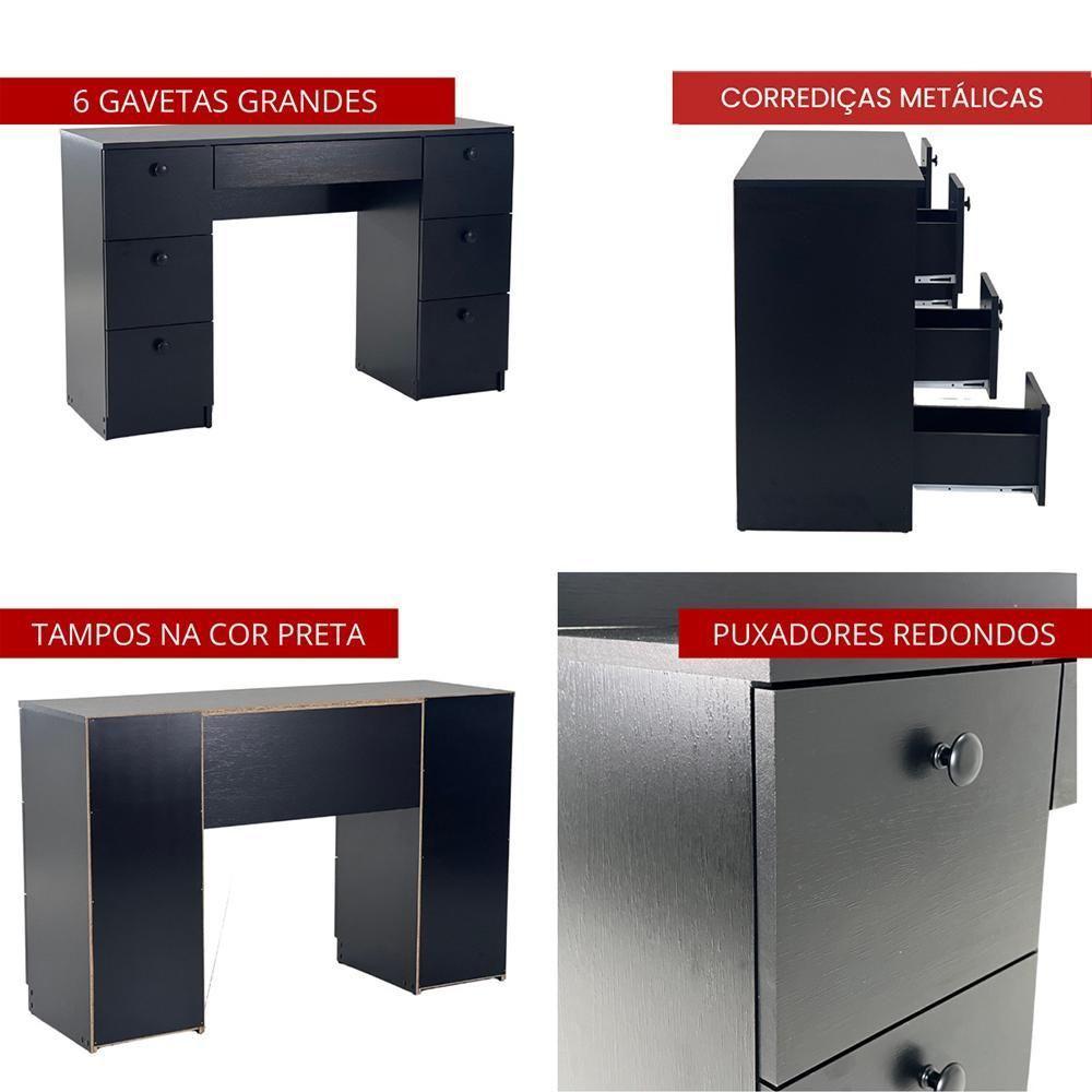 Penteadeira Escrivaninha 7 Gavetas 118 Cm Pe100 Preto Dtall - 6