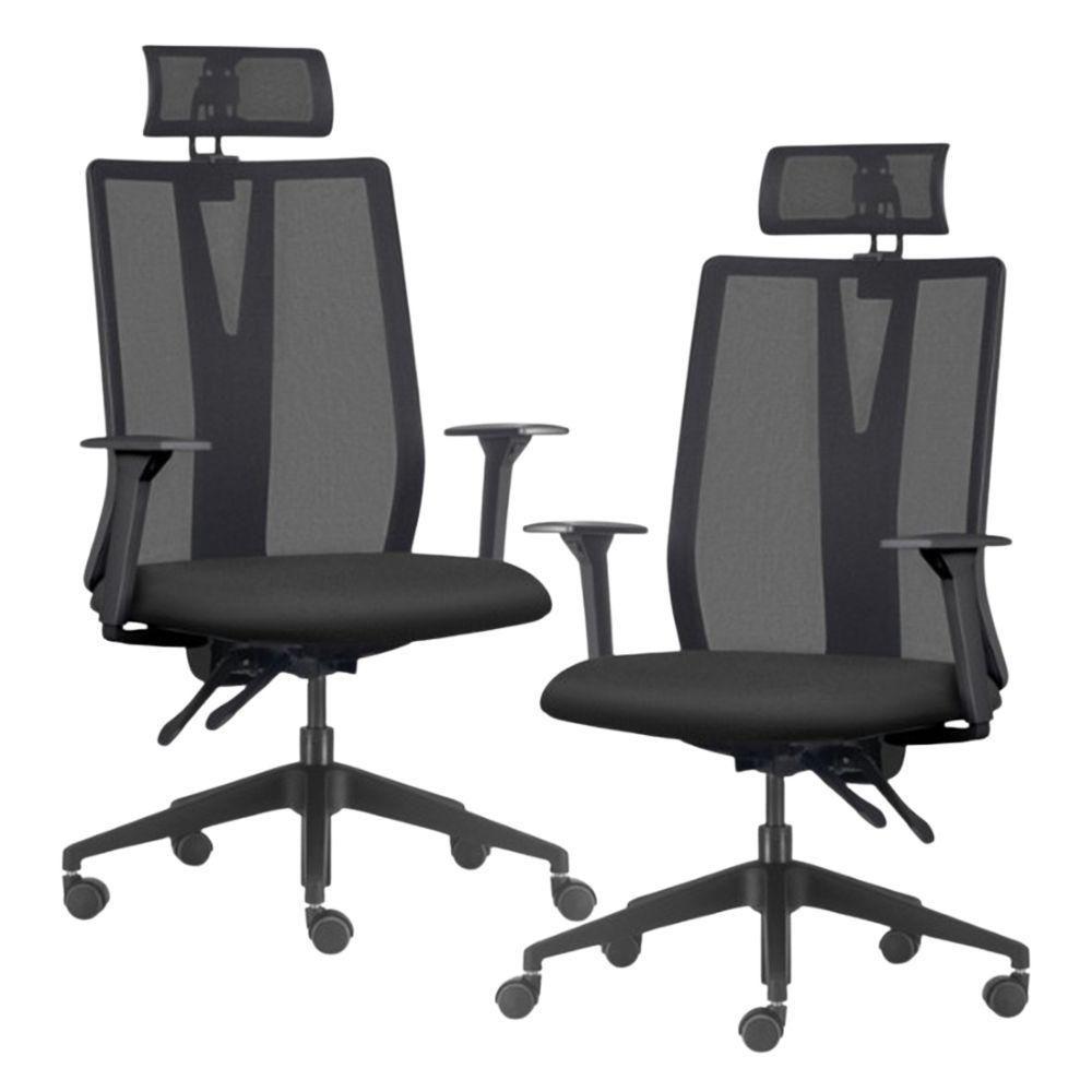 Kit 2 Cadeiras Escritório Giratória Presidente Flow F02 Base Preta Crepe Preto - Lyam Decor - 1