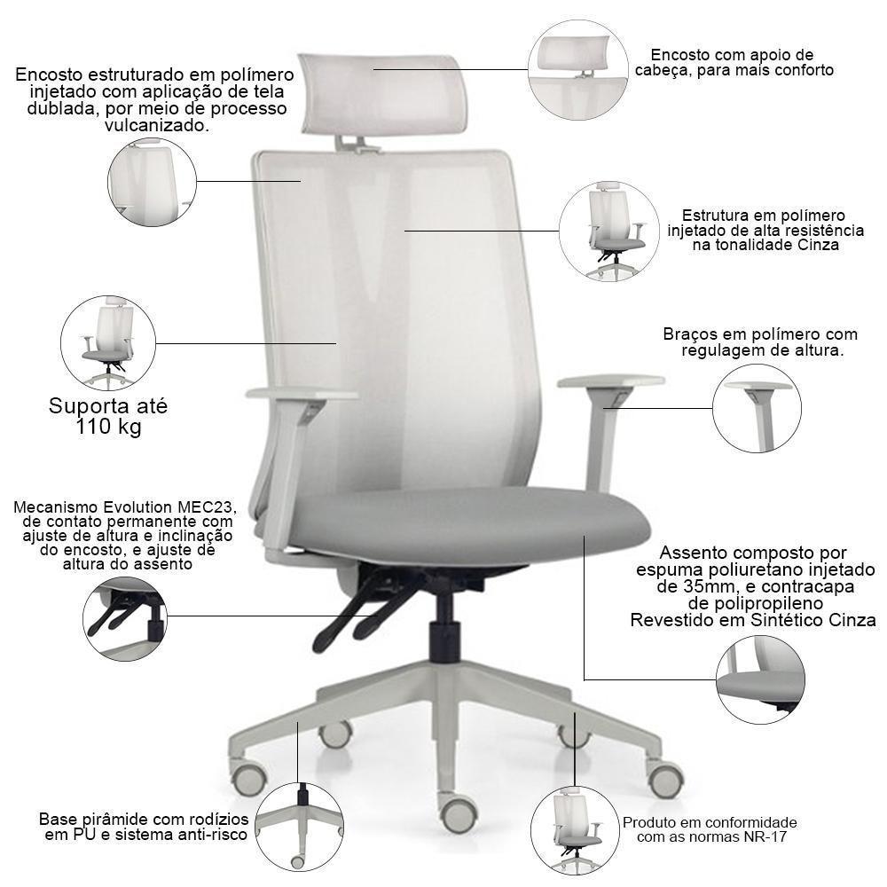 Kit 2 Cadeiras Escritório Giratória Presidente Flow F02 Base Cinza Sintético Cinza - Lyam Decor - 3