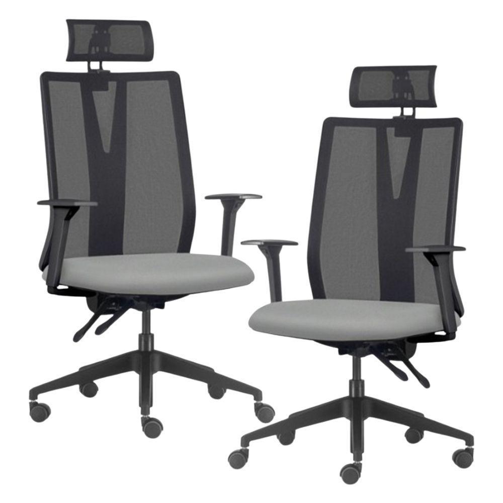 Kit 2 Cadeiras Escritório Giratória Presidente Flow F02 Base Preta Sintético Cinza - Lyam Decor - 1