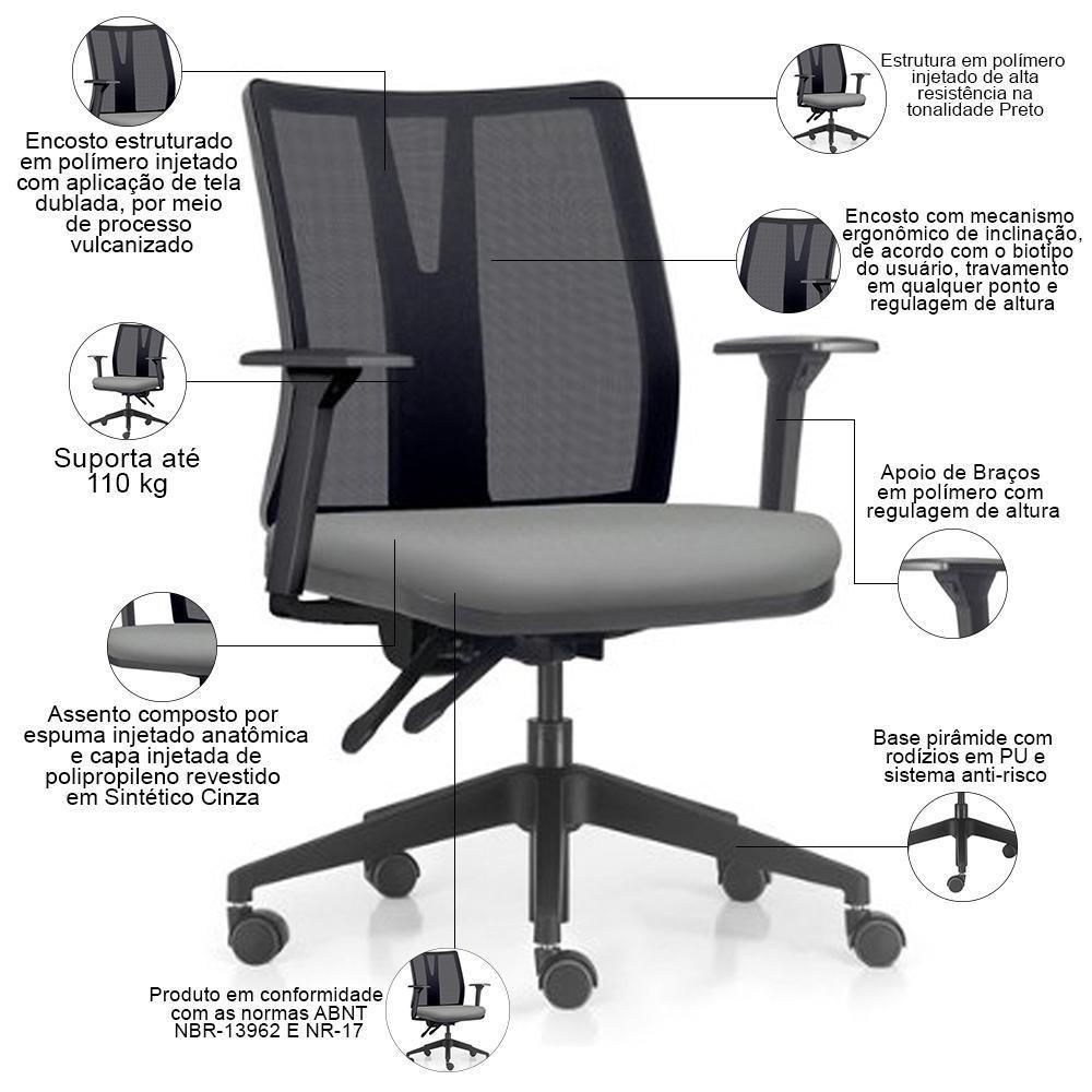 Cadeira De Escritório Giratória Diretor Flow F02 Base Preta Sintético Cinza - Lyam Decor - 2