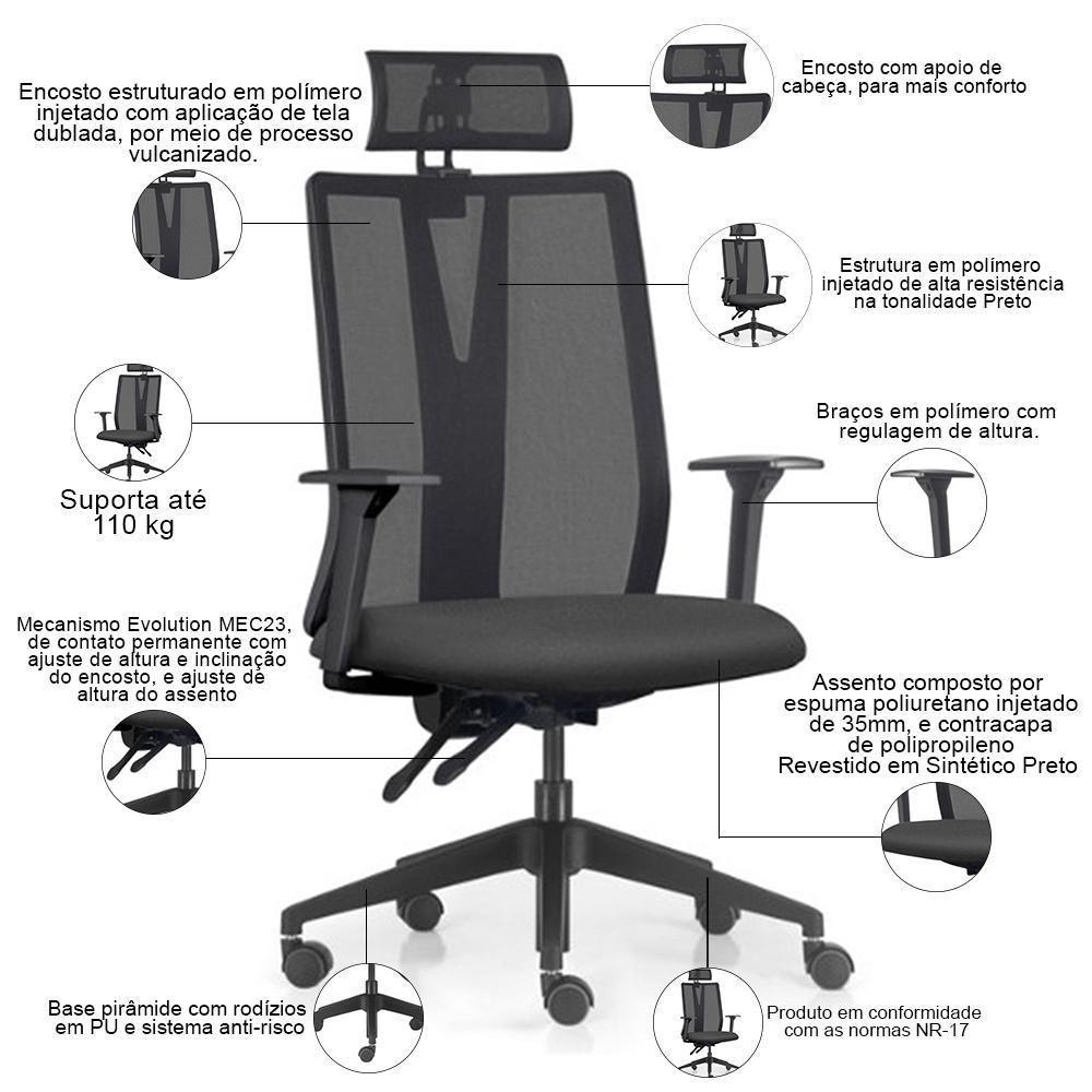Cadeira Escritório Giratória Presidente Flow F02 Base Preta Sintético Preto - Lyam Decor - 2