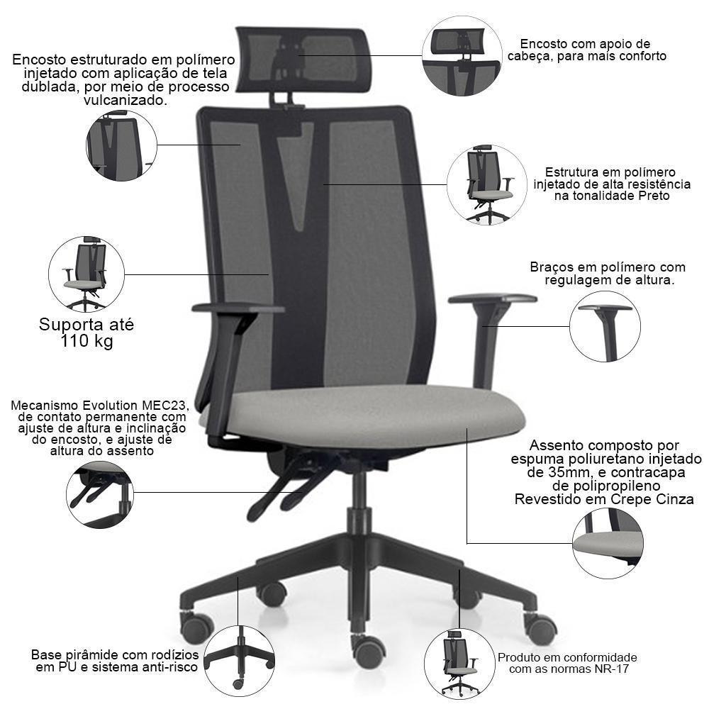 Cadeira Escritório Giratória Presidente Flow F02 Base Preta Crepe Cinza - Lyam Decor - 3