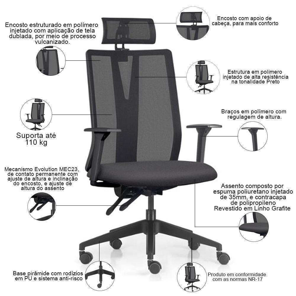 Cadeira Escritório Giratória Presidente Flow F02 Base Preta Linho Grafite - Lyam Decor - 2