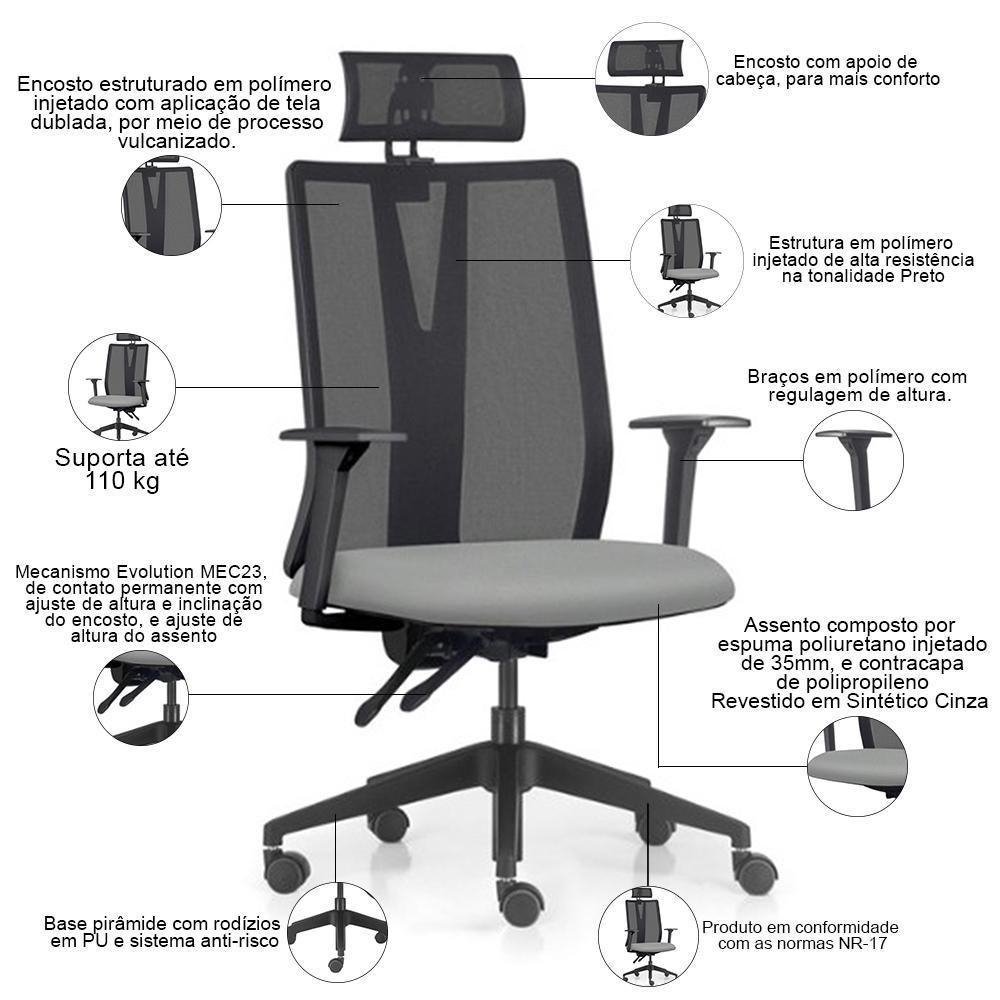 Cadeira Escritório Giratória Presidente Flow F02 Base Preta Sintético Cinza - Lyam Decor - 3