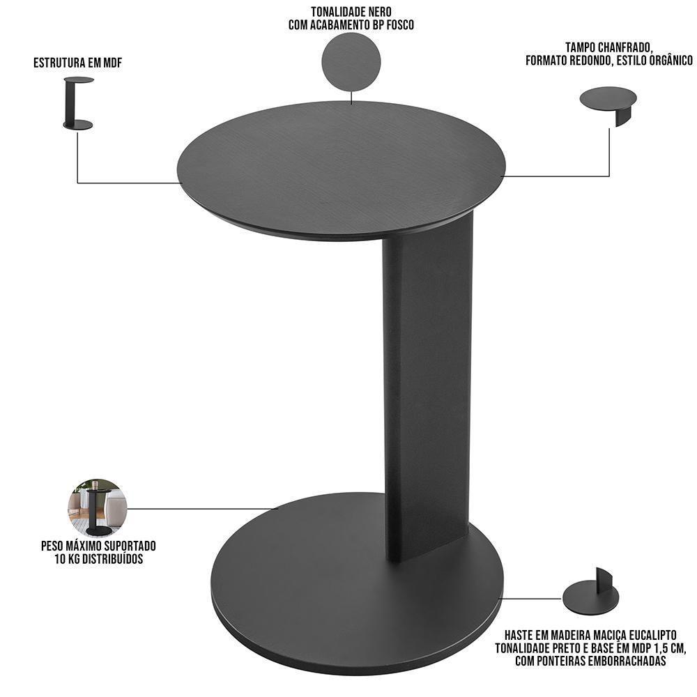 Mesa Lateral Para Sala De Estar Pés Madeira Bulat A03 Nero Preto - Lyam Decor - 4