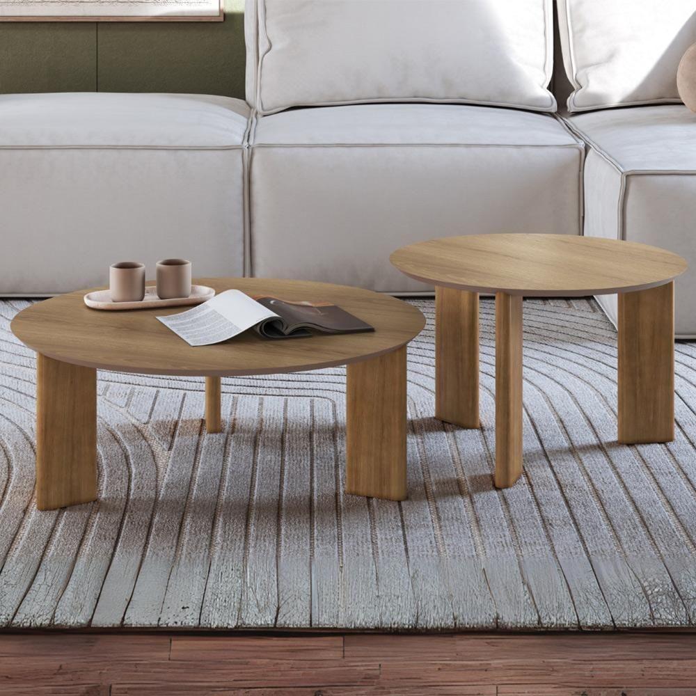 Kit 02 Mesas De Centro Para Sala De Estar Pés Madeira Bulat A03 Hanover Roble - Lyam Decor - 2