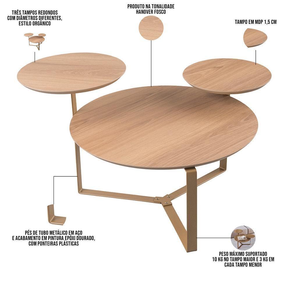 Mesa De Centro Para Sala De Estar 3 Em 1 Pés Metálicos Dari A03 Hanover Dourado - Lyam Decor - 4