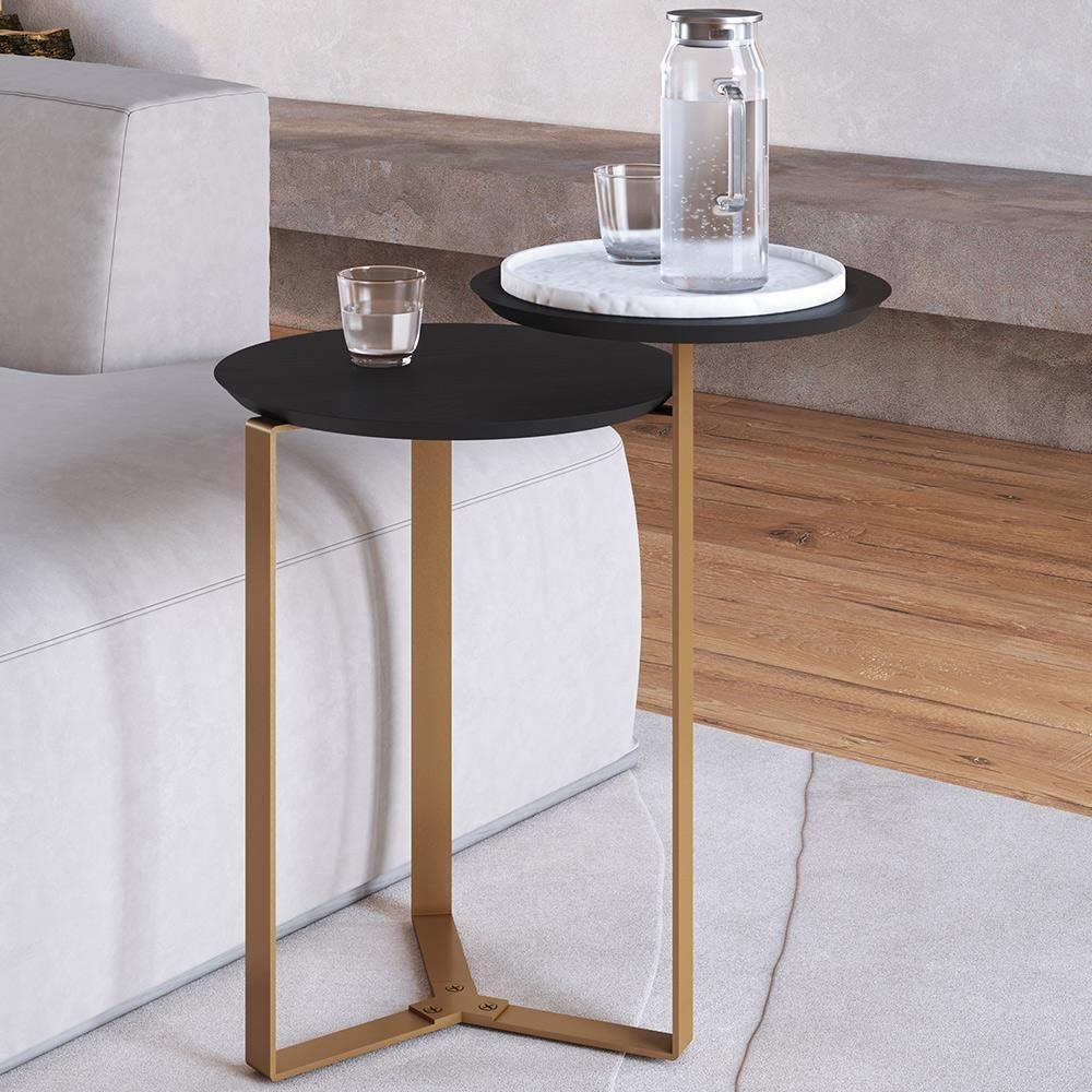 Mesa Lateral Para Sala De Estar 2 Em 1 Pés Metálicos Dari A03 Nero Dourado - Lyam Decor - 2