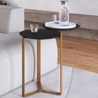 Mesa Lateral Para Sala De Estar 2 Em 1 Pés Metálicos Dari A03 Nero Dourado - Lyam Decor - 2