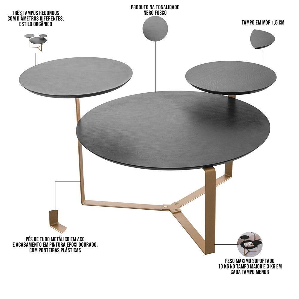 Mesa De Centro Para Sala De Estar 3 Em 1 Pés Metálicos Dari A03 Nero Dourado - Lyam Decor - 4