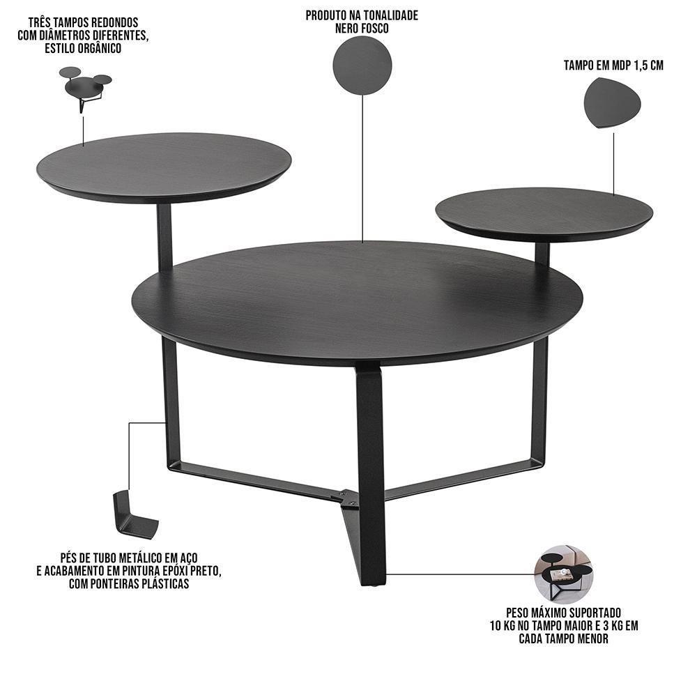 Kit Mesa De Centro E Mesa Lateral Para Sala Pés Metálicos Dari A03 Nero Preto - Lyam Decor - 5