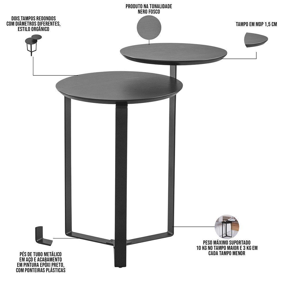 Kit Mesa De Centro E Mesa Lateral Para Sala Pés Metálicos Dari A03 Nero Preto - Lyam Decor - 6