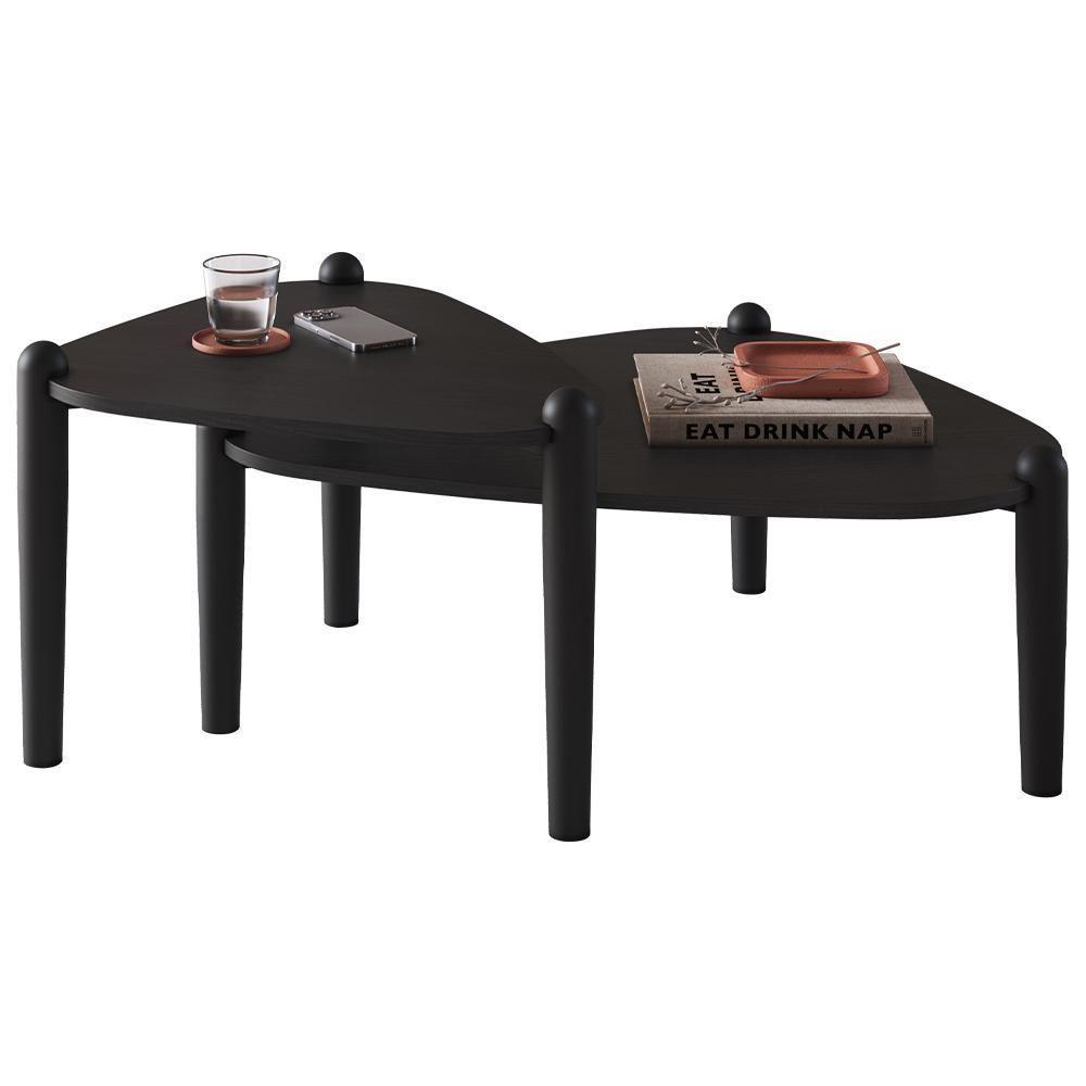 Kit 02 Mesas De Centro Para Sala De Estar Pés Madeira Trium A03 Nero Preto - Lyam Decor - 1