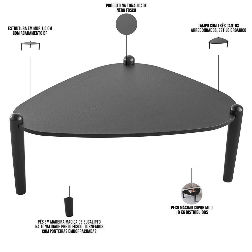 Mesa De Centro Para Sala De Estar Pés Madeira Baixa Trium A03 Nero Preto - Lyam Decor - 4