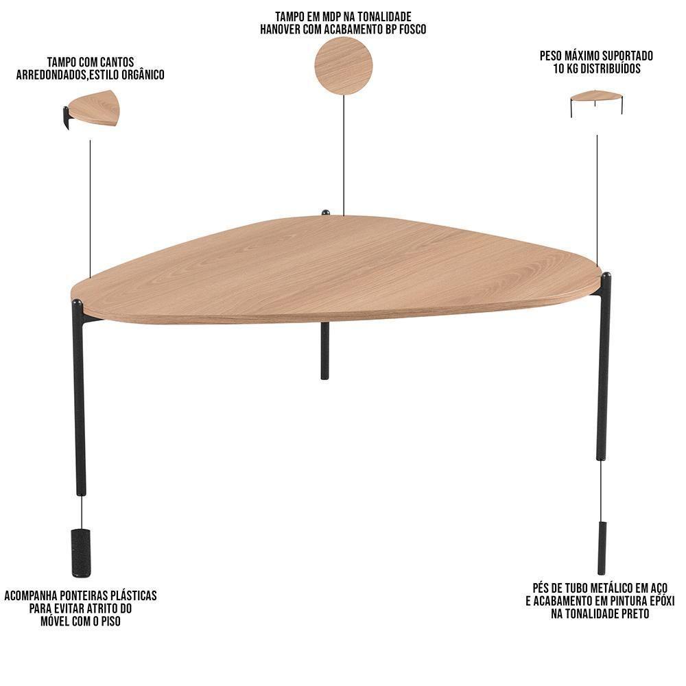 Mesa De Centro Para Sala De Estar Pés Metálicos Baixa Adek A03 Hanover Preto - Lyam Decor - 5