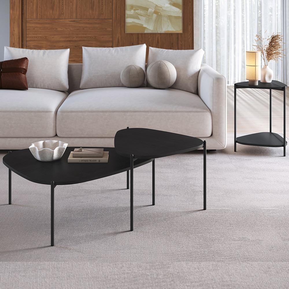 Kit 02 Mesas De Centro E 01 Mesa Lateral Pés Metálicos Adek A03 Nero Preto - Lyam Decor - 9