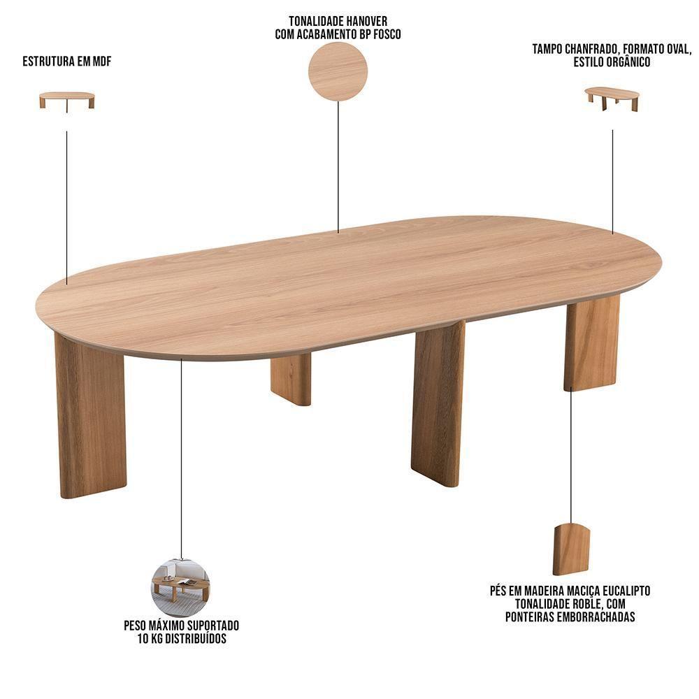 Mesa De Centro Para Sala De Estar Oval Pés Madeira Bulat A03 Hanover Roble - Lyam Decor - 4