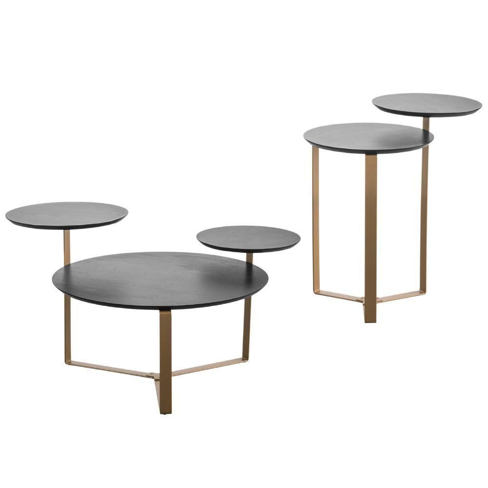Kit Mesa De Centro E Mesa Lateral Para Sala Pés Metálicos Dari A03 Nero Dourado - Lyam Decor - 1