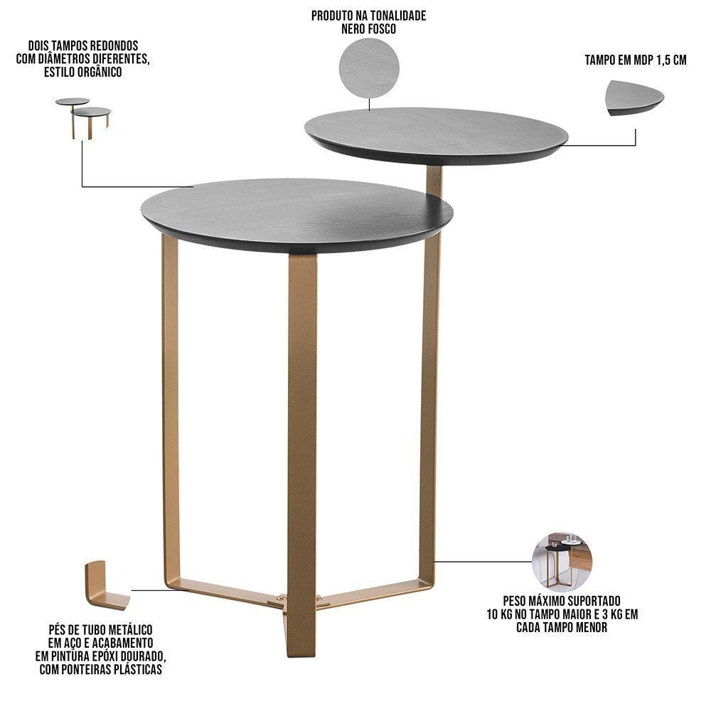 Kit Mesa De Centro E Mesa Lateral Para Sala Pés Metálicos Dari A03 Nero Dourado - Lyam Decor - 6
