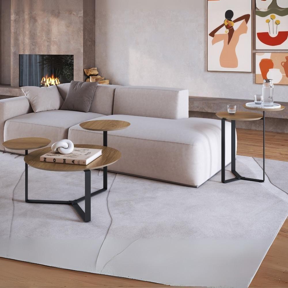Kit Mesa De Centro E Mesa Lateral Para Sala Pés Metálicos Dari A03 Hanover Preto - Lyam Decor - 2