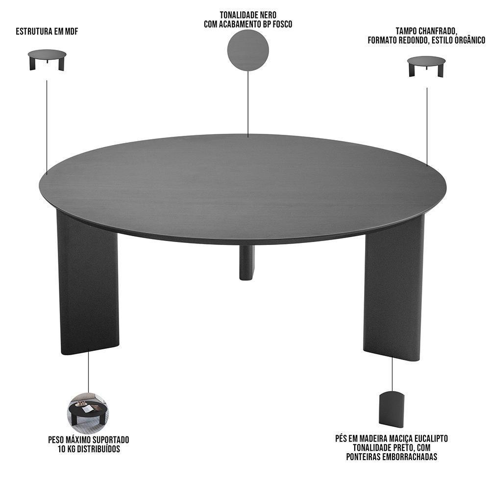 Mesa De Centro Para Sala De Estar Pés Madeira Baixa Bulat A03 Nero Preto - Lyam Decor - 4