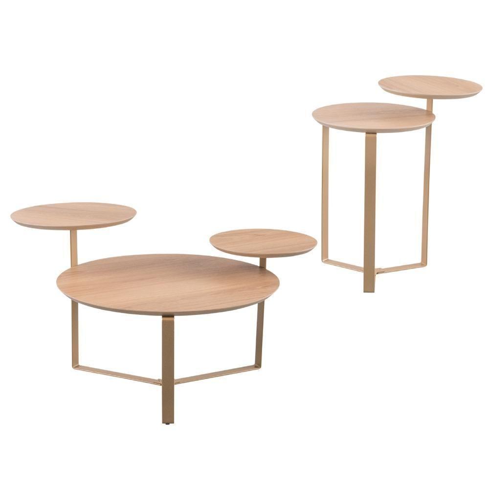 Kit Mesa De Centro E Mesa Lateral Para Sala Pés Metálicos Dari A03 Hanover Dourado - Lyam Decor - 1