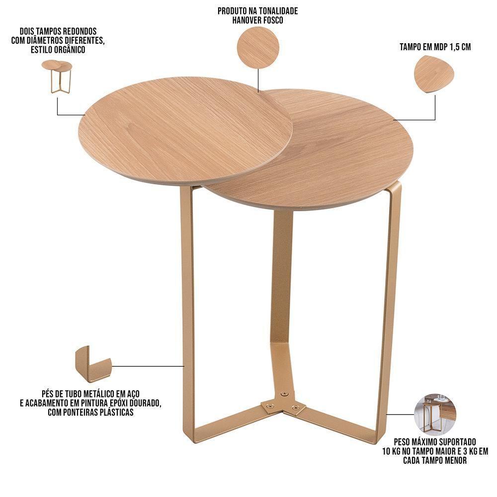 Kit Mesa De Centro E Mesa Lateral Para Sala Pés Metálicos Dari A03 Hanover Dourado - Lyam Decor - 4
