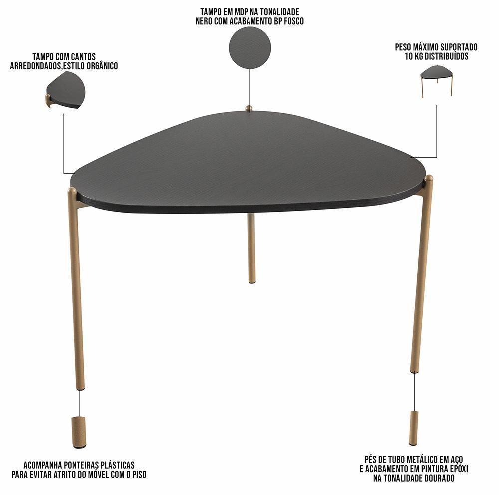 Kit 02 Mesas De Centro Para Sala De Estar Pés Metálicos Adek A03 Nero Dourado - Lyam Decor - 2