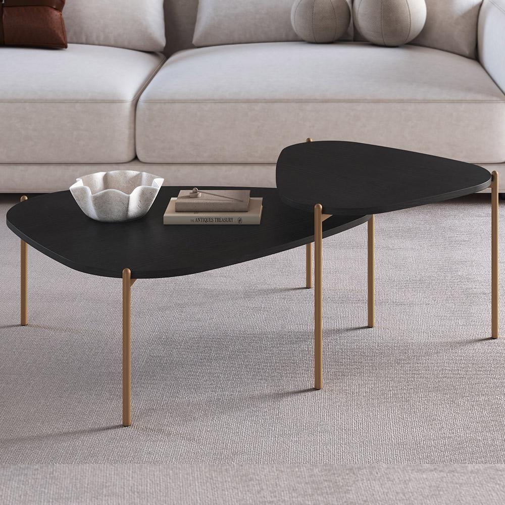 Kit 02 Mesas De Centro Para Sala De Estar Pés Metálicos Adek A03 Nero Dourado - Lyam Decor - 5