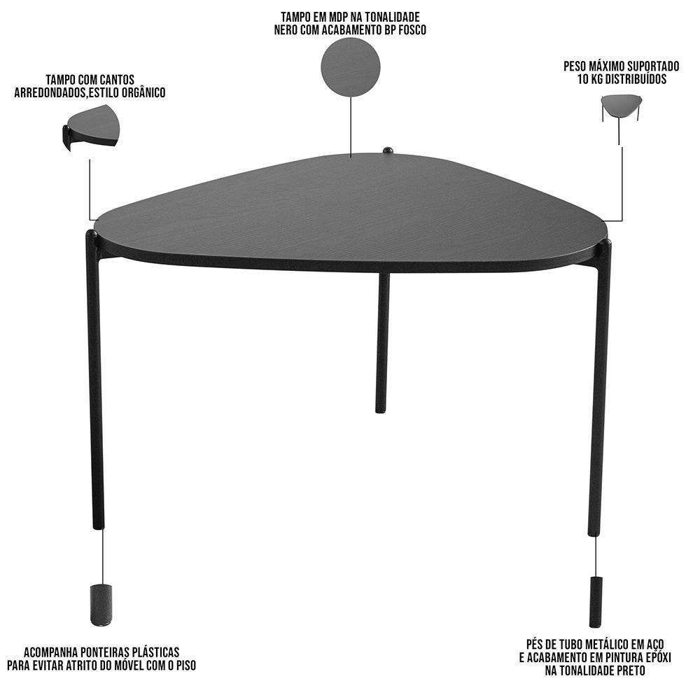 Mesa De Centro Para Sala De Estar Pés Metálicos Alta Adek A03 Nero Preto - Lyam Decor - 4