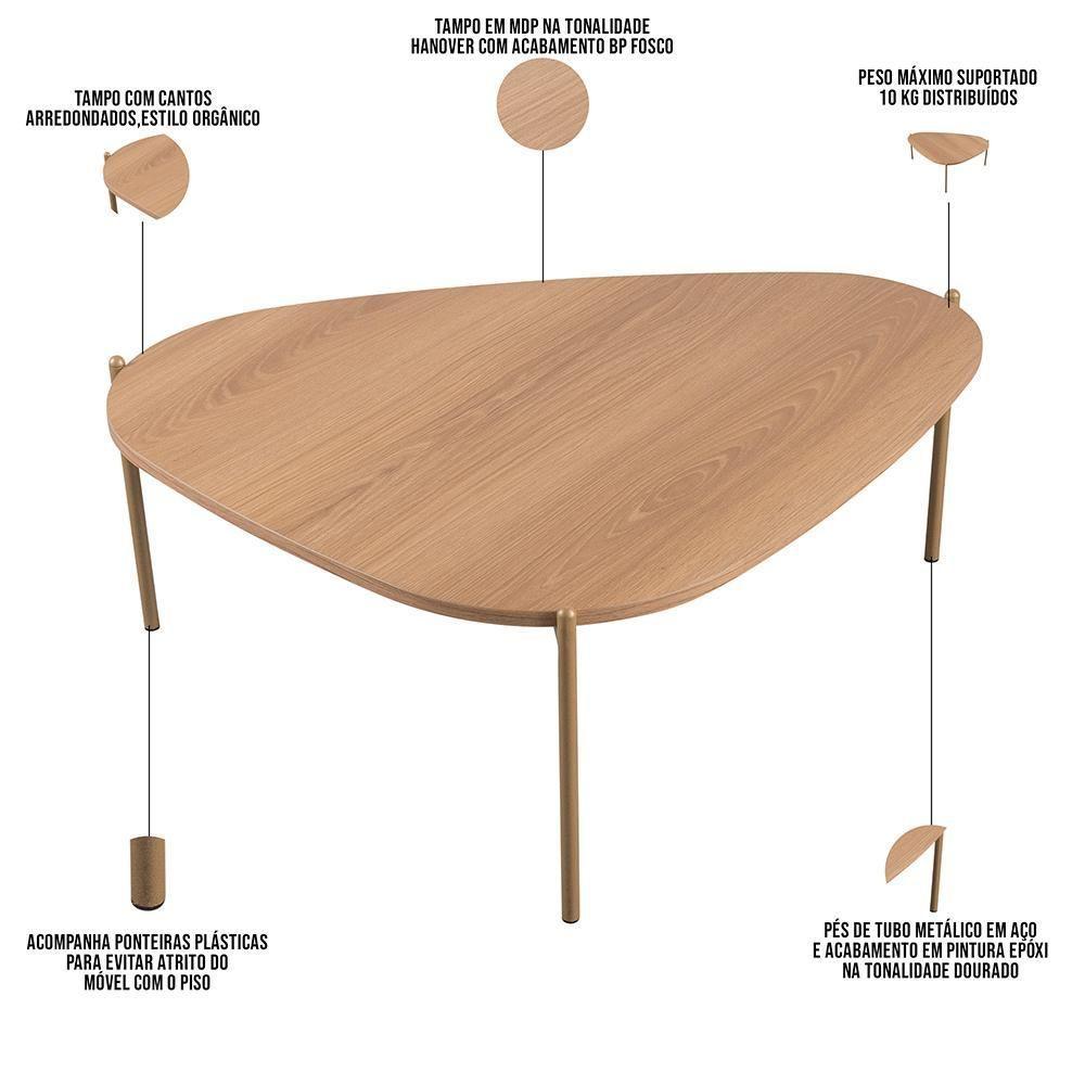 Mesa De Centro Para Sala De Estar Pés Metálicos Baixa Adek A03 Hanover Dourado - Lyam Decor - 4