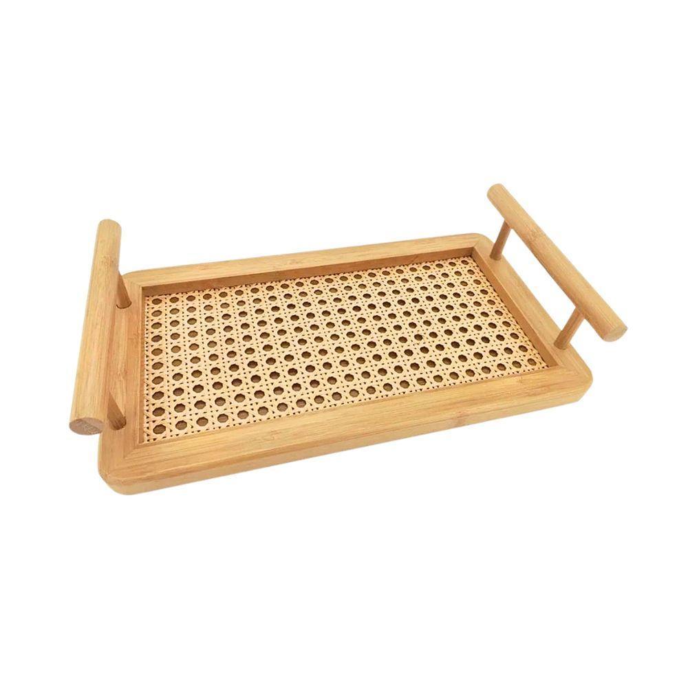 Bandeja Retangular Em Bambu Com Alça Palhinha 35x20cm Mimo Style - 1