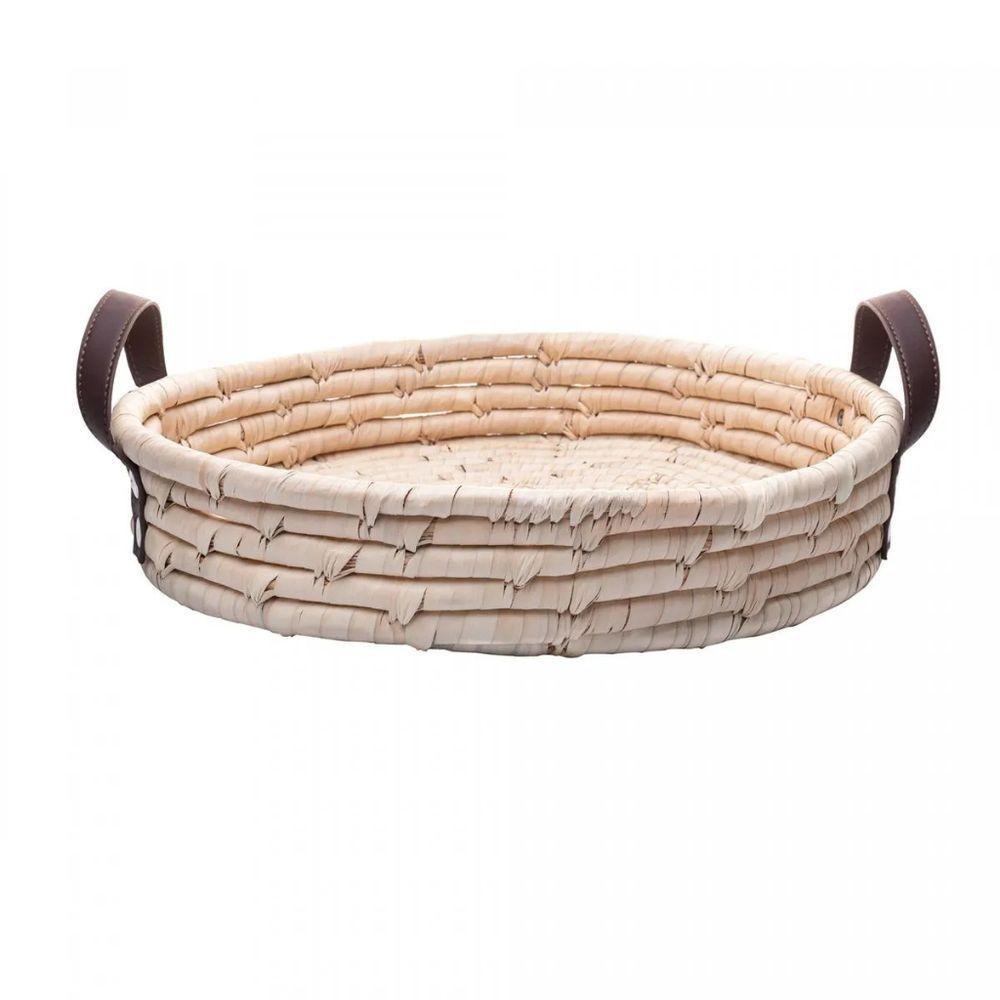 Bandeja Redonda Em Fibra Natural Braid Com Alça Em Couro 36cm Lyor - 1