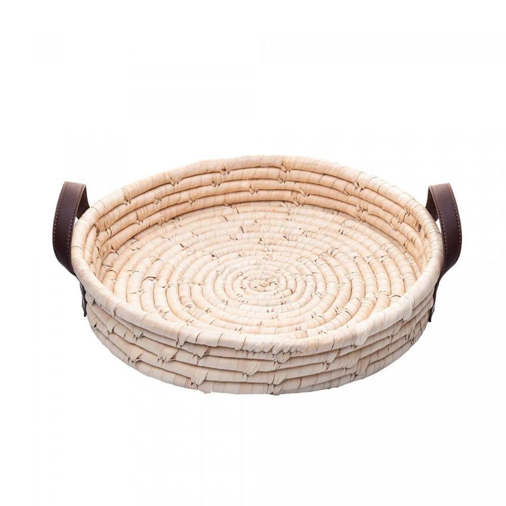 Bandeja Redonda Em Fibra Natural Braid Com Alça Em Couro 36cm Lyor - 2