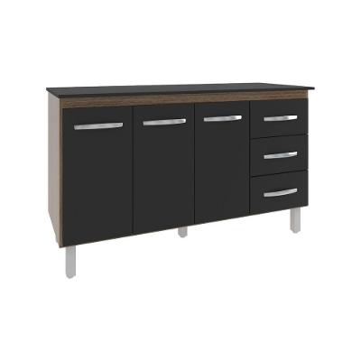 Armário Cozinha Gabinete De Pia 160 Cm Estela Savana Preto E Tampo Tampão 160 Cm Mobília Decor Preto