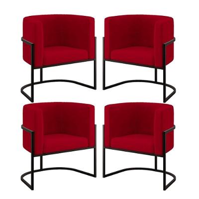 Kit 4 Poltronas Lua Sala Decorativa Base de Ferro Vermelho Suede Balaqui Decor