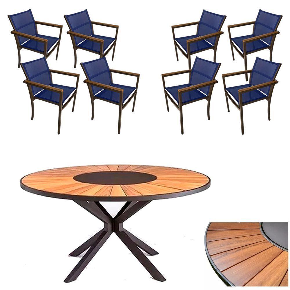 Conjunto De Mesa Jantar 1,80m Zurick Madeira Pétalas 8 Poltronas Amélia Tela Sling E Alumínio Azul - 1