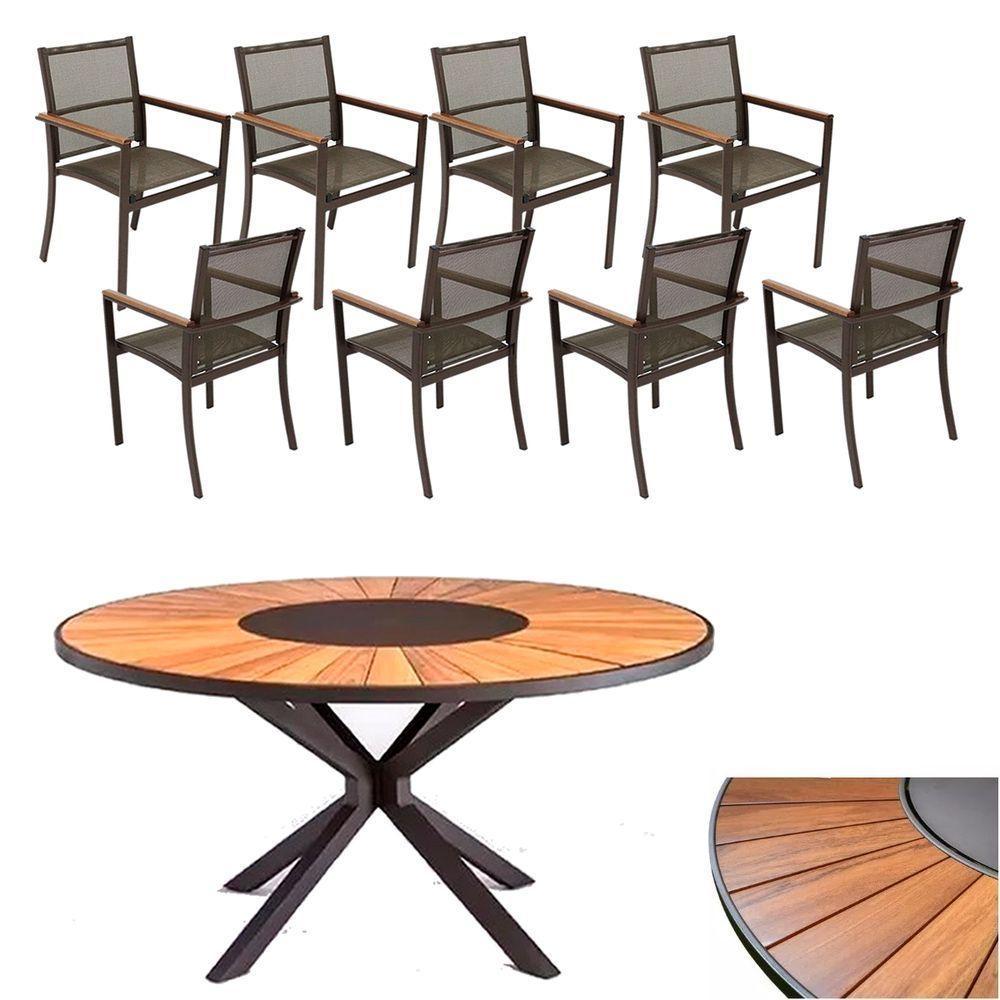 Conjunto De Mesa Jantar 1,80m Zurick Madeira Pétalas 8 Poltronas Amélia Tela Sling E Alumínio Marrom - 1