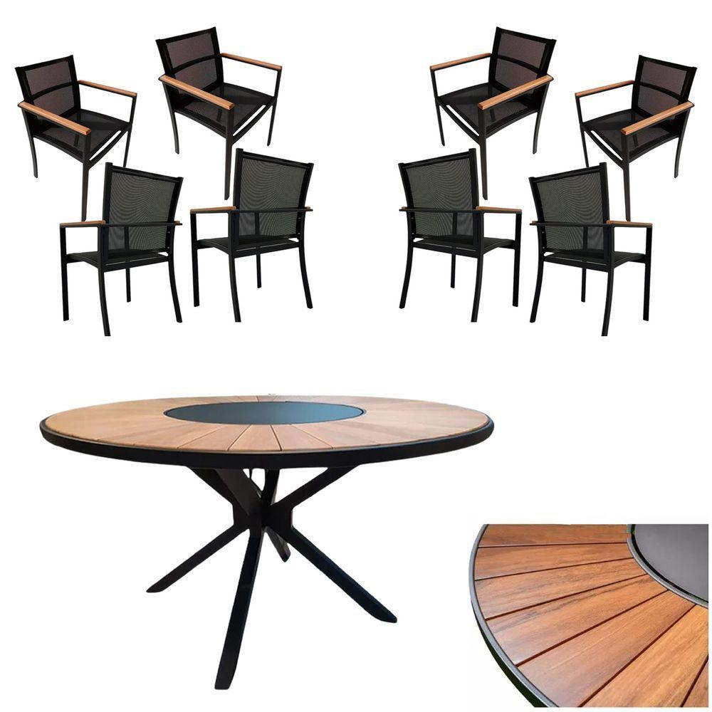 Conjunto De Mesa Jantar 1,80m Zurick Madeira Pétalas 8 Poltronas Amélia Tela Sling E Alumínio Preto - 1