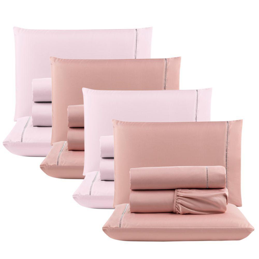 Kit Com 4 Jogos Cama Lençol Casal Padrão Micro Percal 400 Fios Ponto Palito 4 Peças Rosê + Rosa - 1