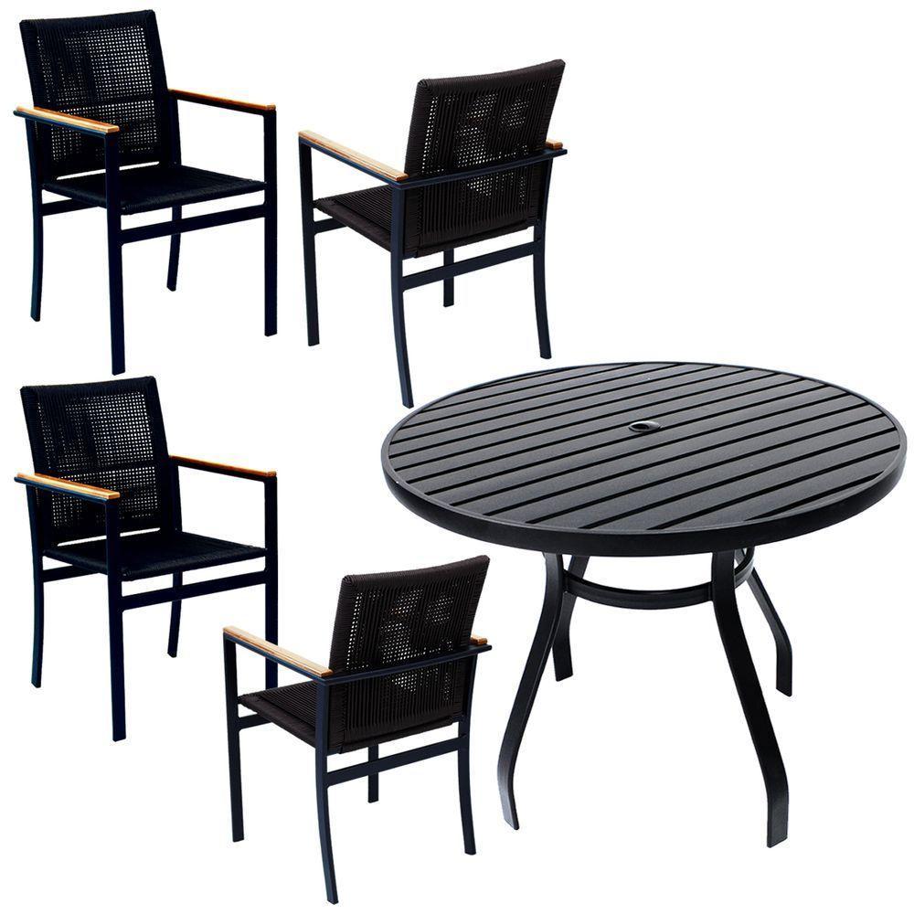 Jogo De Mesa Ripada 1,00m 4 Poltronas Amélia Corda Náutica Para Jantar Jardim Piscina Preto - 1