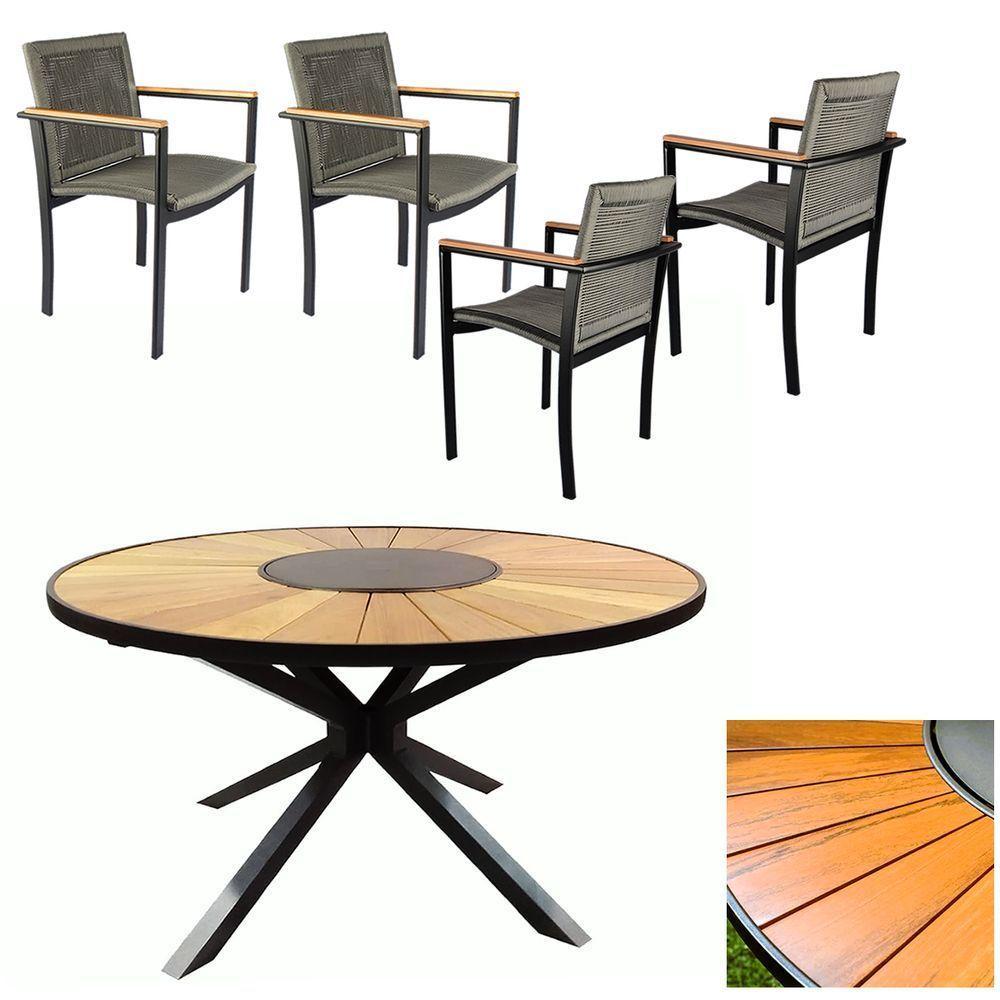 Jogo De Mesa 1,30m Zurick Madeira 4 Poltronas Corda Náutica Jantar Cinza - 1