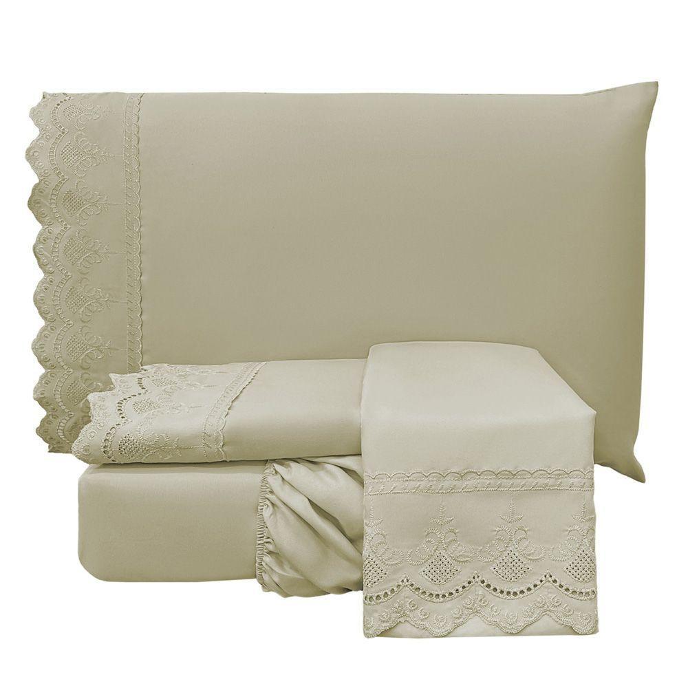 Jogo Cama Lençol Casa Scarpa Loren King Bordado Inglês Micro Percal 300 Fios 4 Peças Fendi - 2