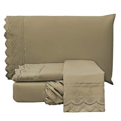 Jogo Cama Lençol Casa Scarpa Loren Queen Bordado Inglês Micro Percal 300 Fios 4 Peças Chocolate