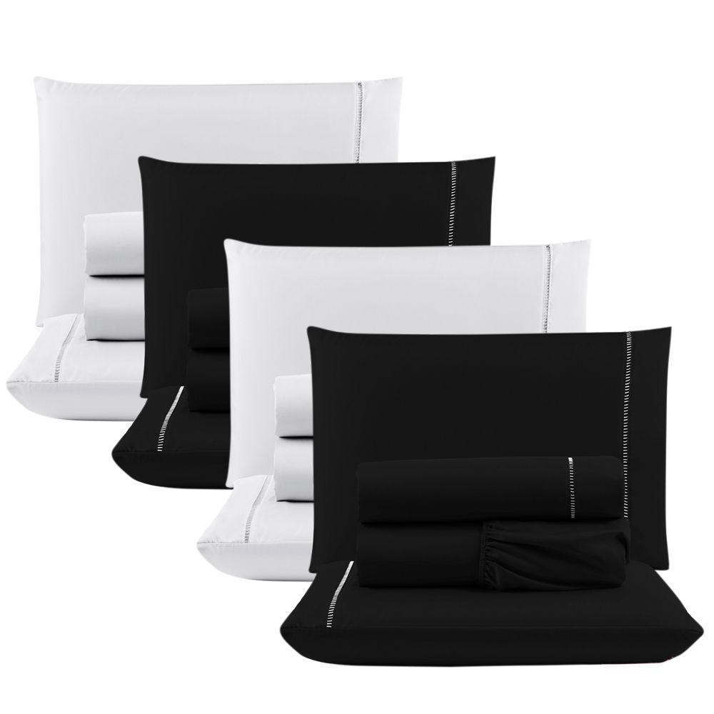 Kit Com 4 Jogos Cama Lençol Casal Padrão Micro Percal 400 Fios Ponto Palito 4 Peças Preto + Branco - 1