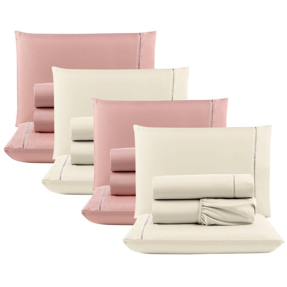 Kit Com 4 Jogos Cama Lençol Casal Padrão Micro Percal 400 Fios Ponto Palito 4 Peças Rosê + Palha - 1