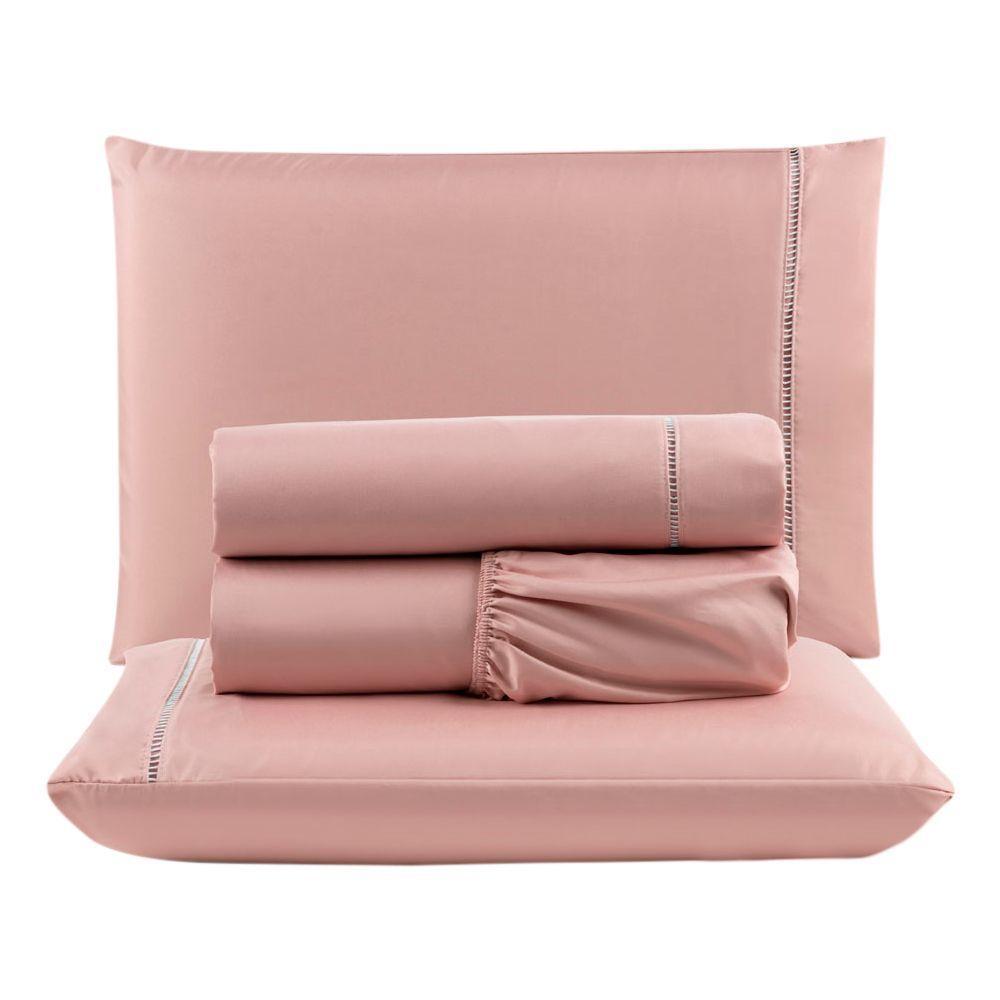 Kit Com 4 Jogos Cama Lençol Casal Padrão Micro Percal 400 Fios Ponto Palito 4 Peças Rosê + Palha - 3