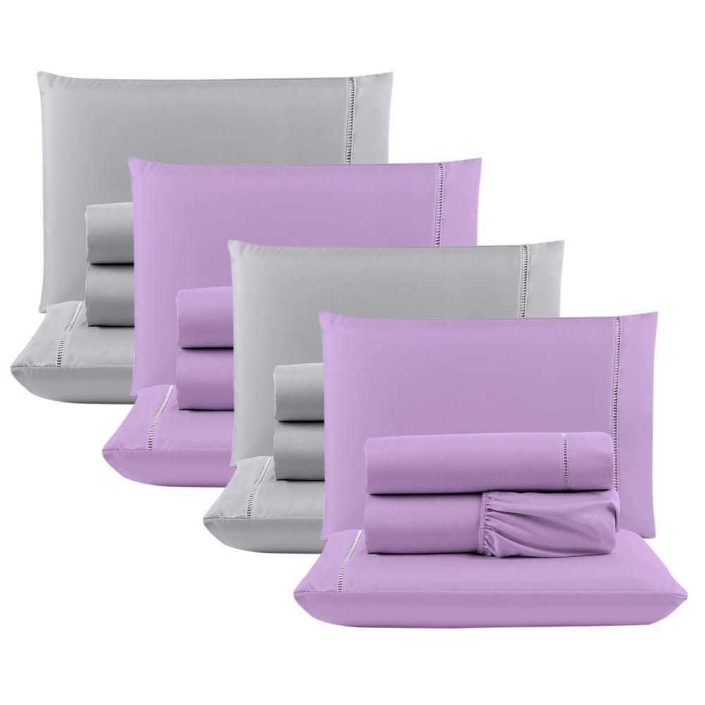 Kit Com 4 Jogos Cama Lençol Casal Padrão Micro Percal 400 Fios Ponto Palito 4 Peças Lilás + Cinza - 1