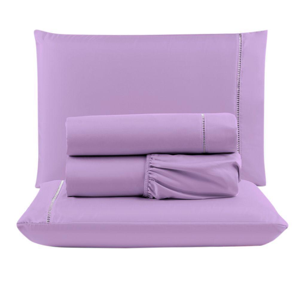 Kit Com 4 Jogos Cama Lençol Casal Padrão Micro Percal 400 Fios Ponto Palito 4 Peças Lilás + Cinza - 3